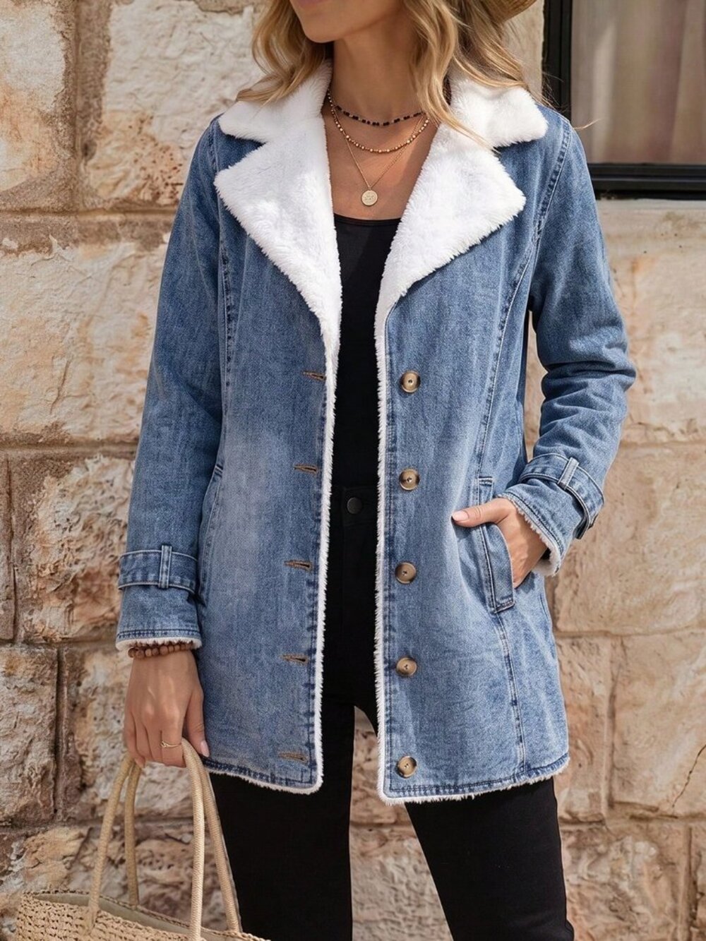Casual Women's Teddy Lined Lapel light Wash Loose Denim acket - Picture 4 of 5